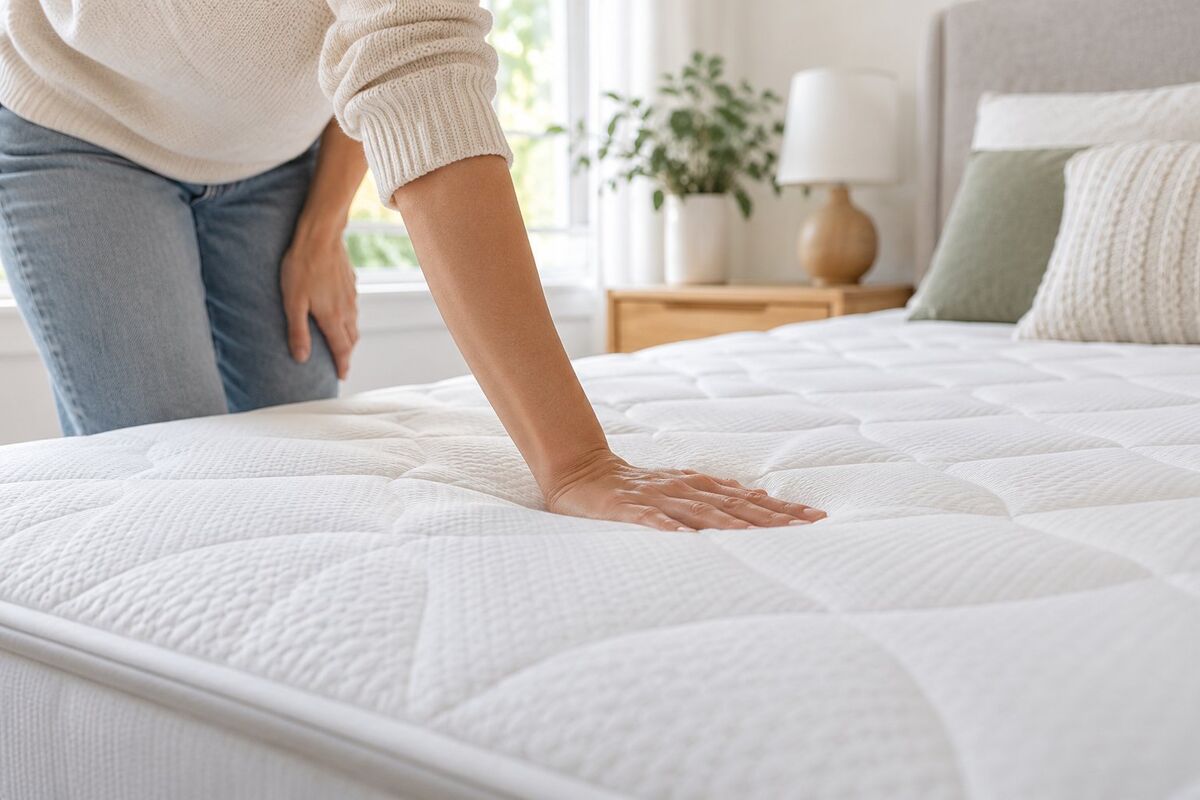 Eine Person prüft mit der Hand die Festigkeit einer weißen Matratze in einem hellen, neutral eingerichteten Schlafzimmer.