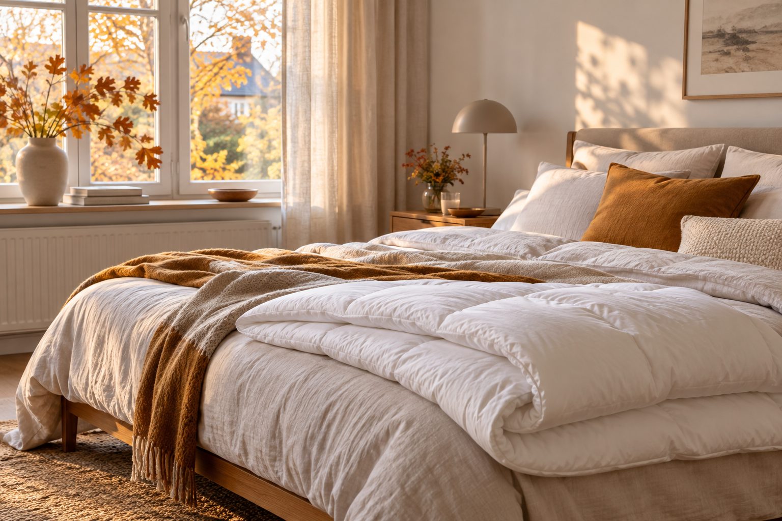 Helles Schlafzimmer im Herbst mit weißer Bettdecke auf dem Bett und warmem Tageslicht am Fenster.