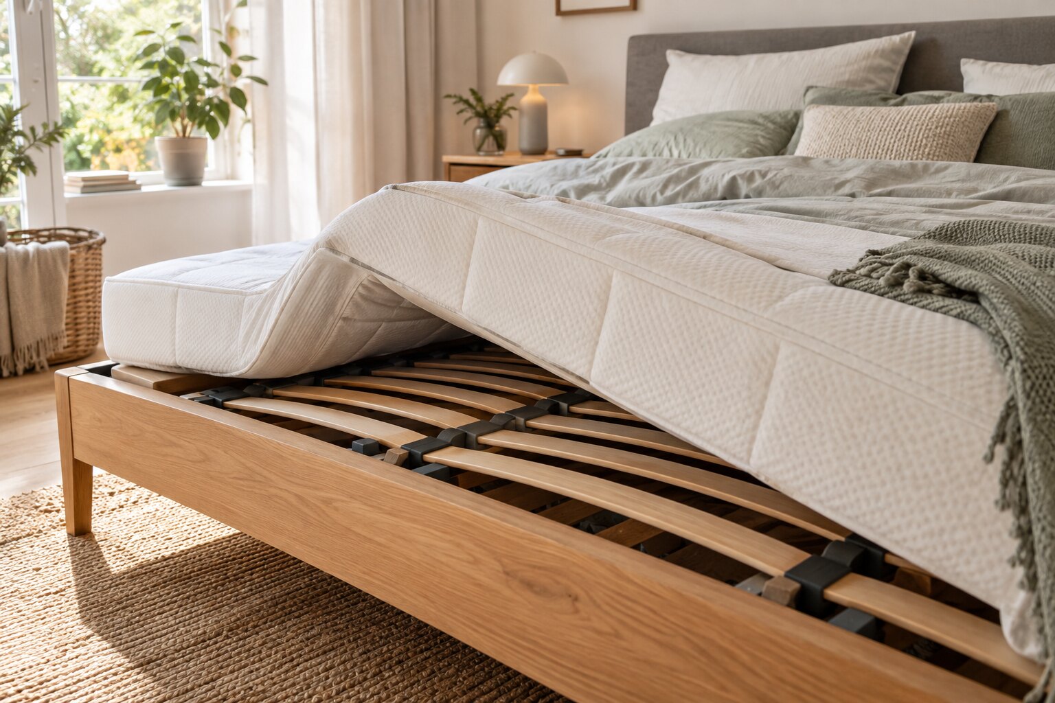 Angehobene Matratze in einem Schlafzimmer; darunter ist der Lattenrost zu sehen.